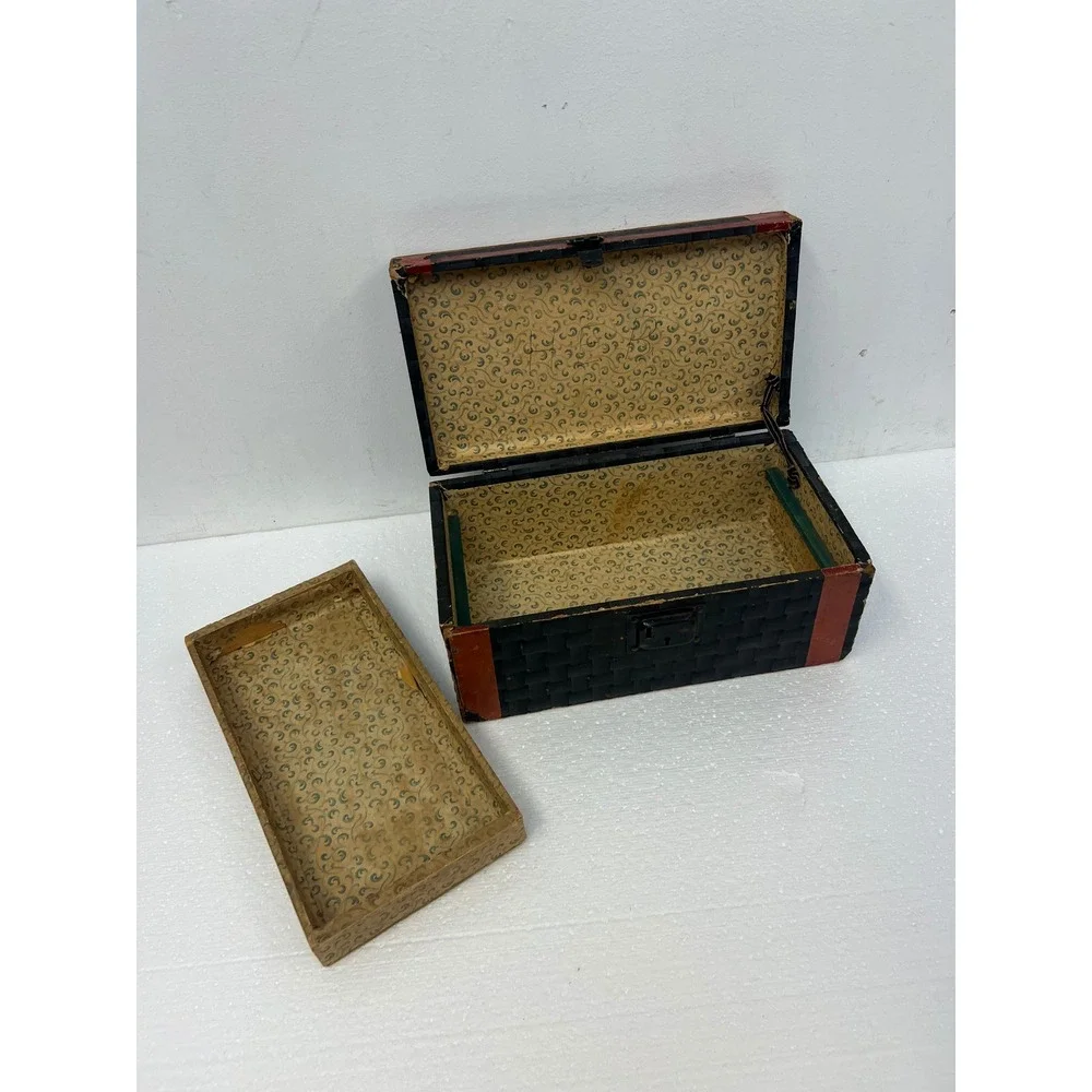 Antique Dollhouse Steamer Trunk w Tray Miniature Wood Slat Chest Vintage Box Old